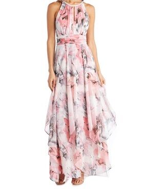R&M Richards Pink & White Floral Halter Maxi Dress